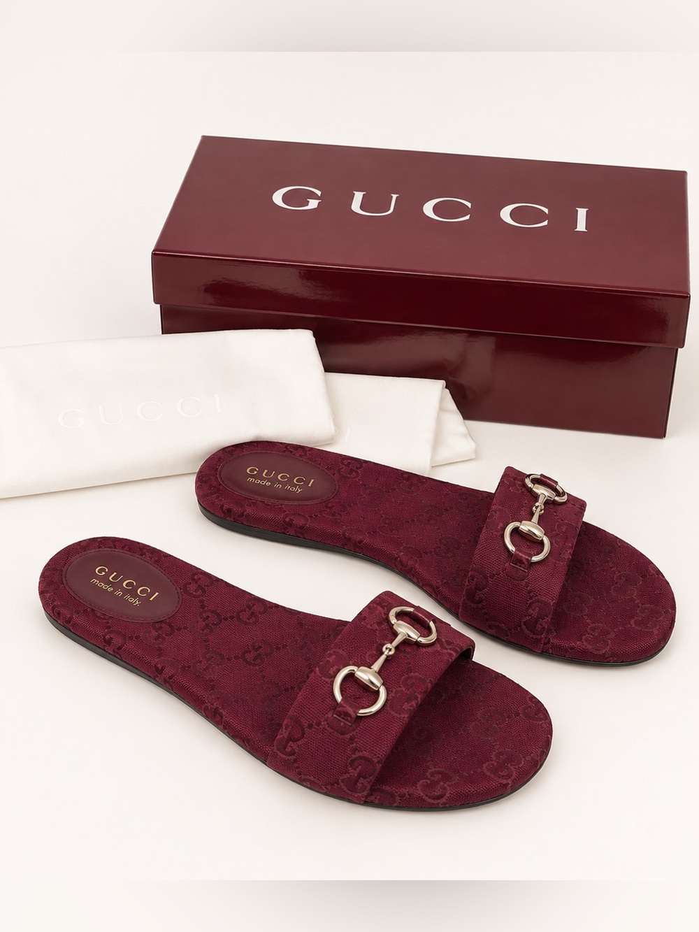 $770 NEW Gucci Women's Burgundy Horsebit Slide Sandals BURGUNDY IN BOX monogram